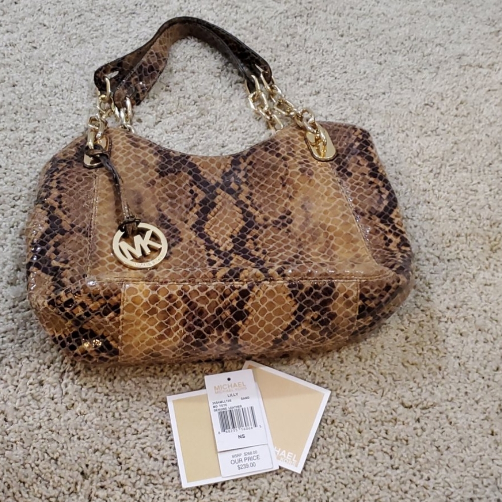 Michael Kors Brown Snake-Print Leather Shoulder Bag